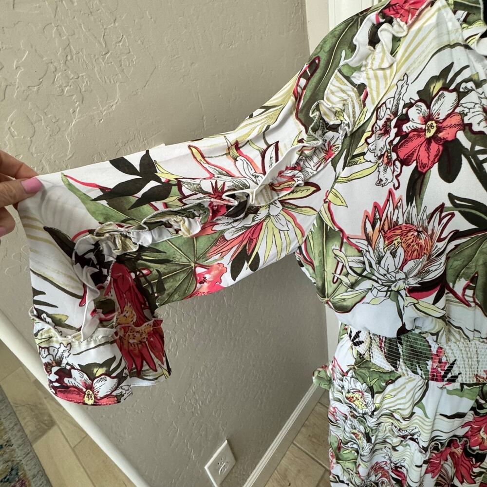 Chico’s Maui Alabaster Floral Dress Sz. Chicos 2 Women's 12 Bell Sleeve Smocked - Picture 9 of 15